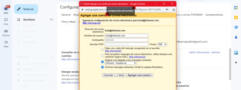 Configuración avanzada del servidor Drimset para recibir correos en Gmail [Guía 2025]
